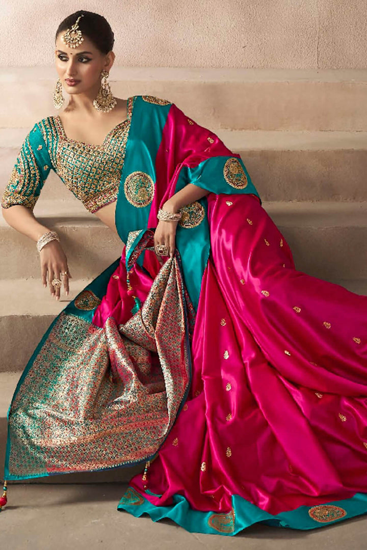 Raspberry Pink Zari Woven Satin Silk Saree With Heavy Embroidery Blouse Piece