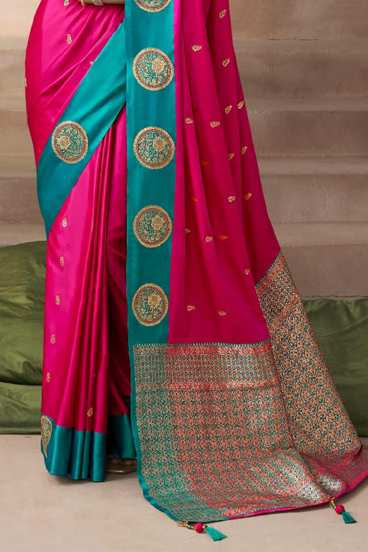 Raspberry Pink Zari Woven Satin Silk Saree With Heavy Embroidery Blouse Piece