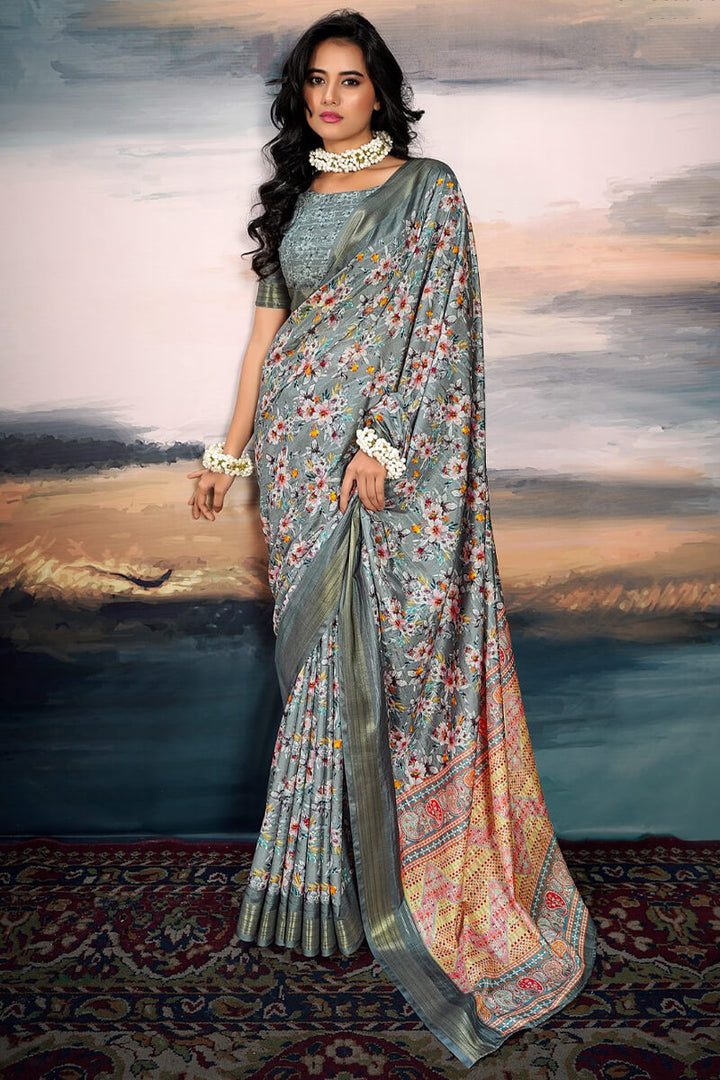 Regent Grey Digital Printed Cotton Saree