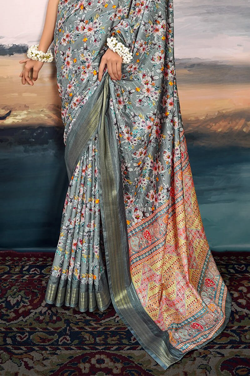 Regent Grey Digital Printed Cotton Saree