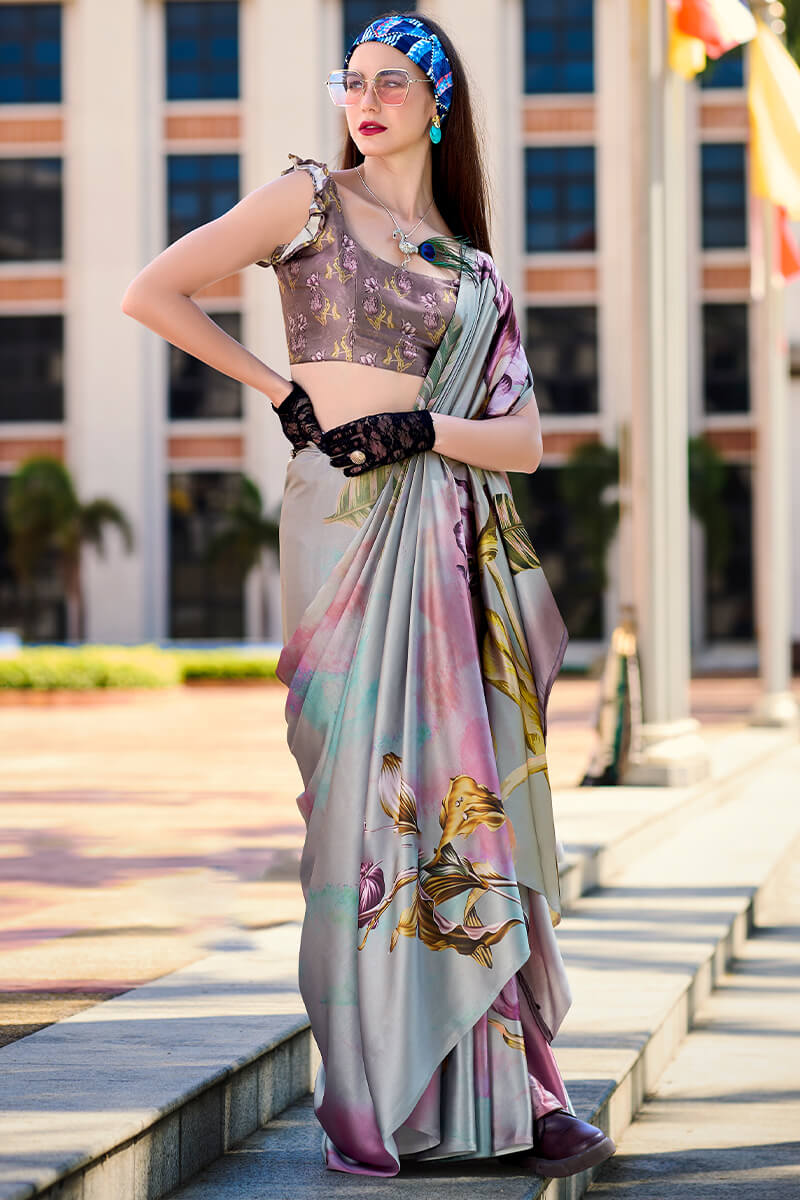 Regent Grey Printed Satin Crepe Silk Saree