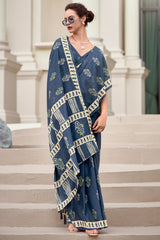 Rhino Blue Printed Mul cotton Saree