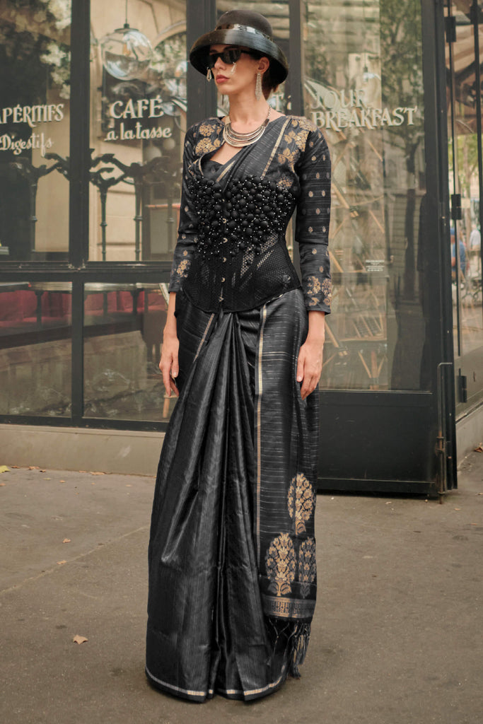 Rich Black Zari Line Banarasi Satin Silk Saree