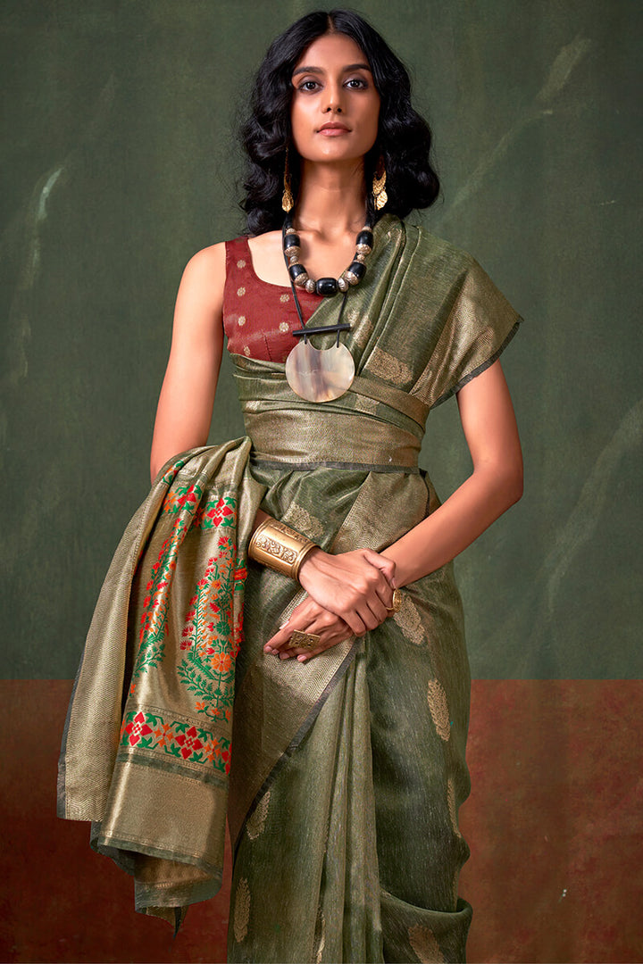 Rifle Green Paithani Tissue Silk Saree