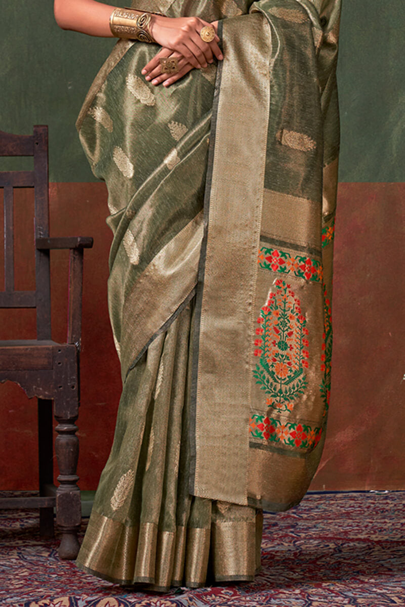 Rifle Green Paithani Tissue Silk Saree