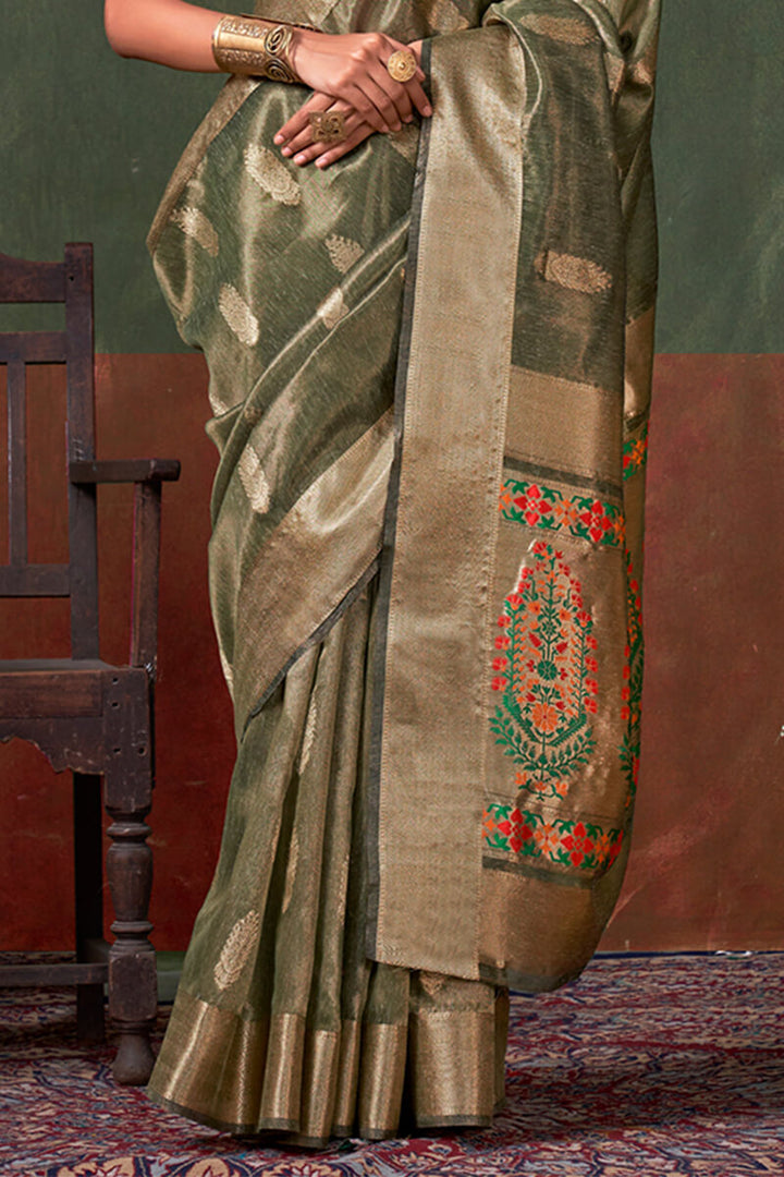 Rifle Green Paithani Tissue Silk Saree