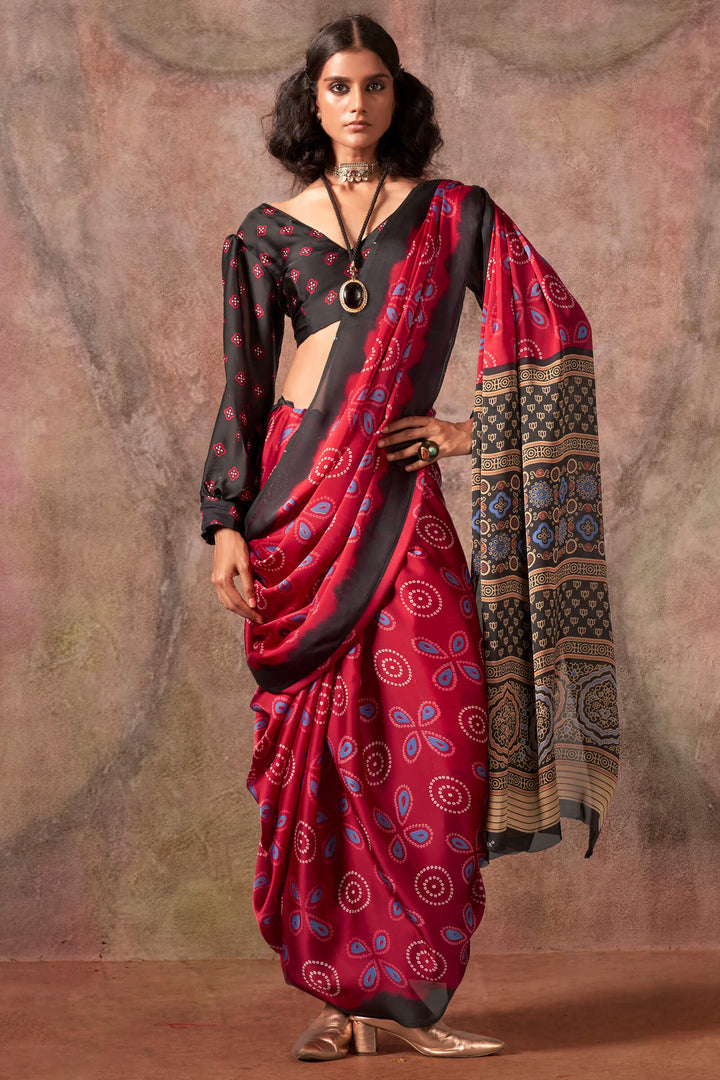 Rose Red Ajarkh Printed Satin Georgette Silk Saree