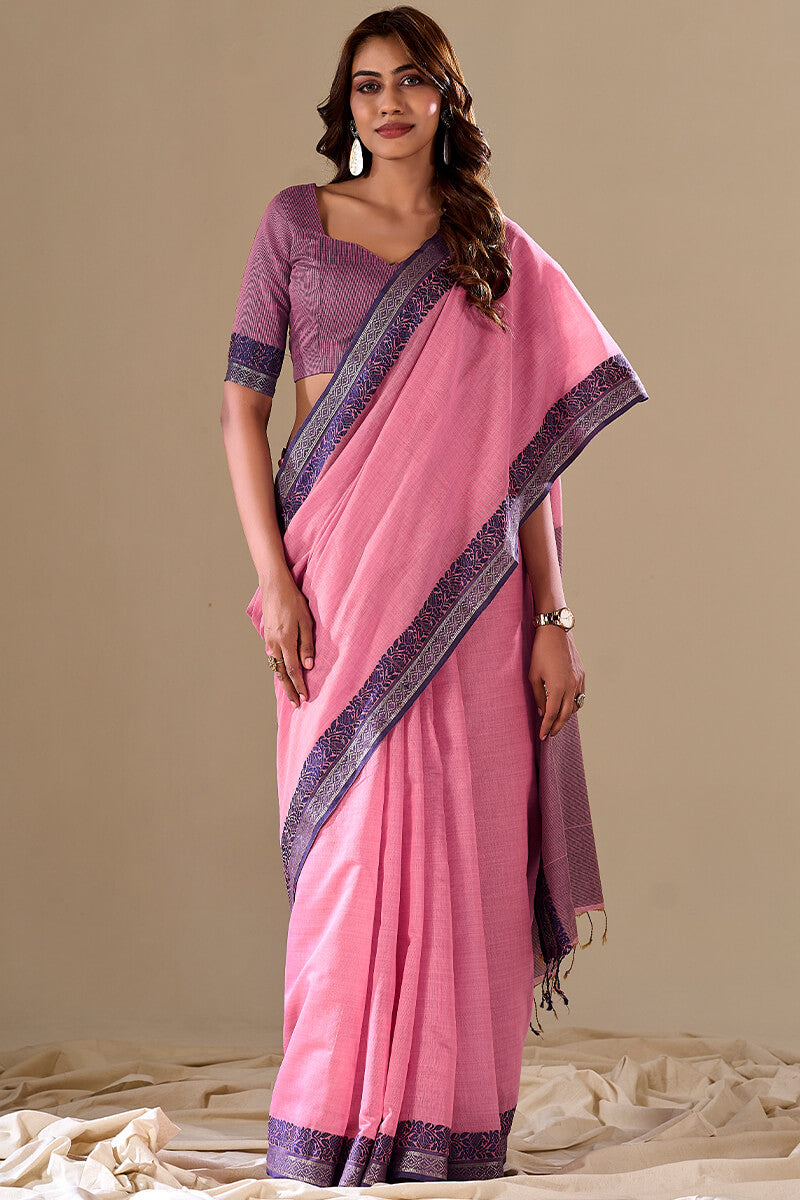 Rosy Pink Handloom Cotton Saree