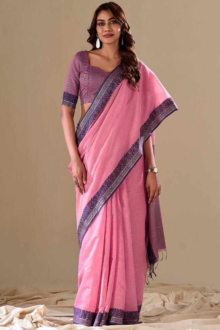 Rosy Pink Handloom Cotton Saree