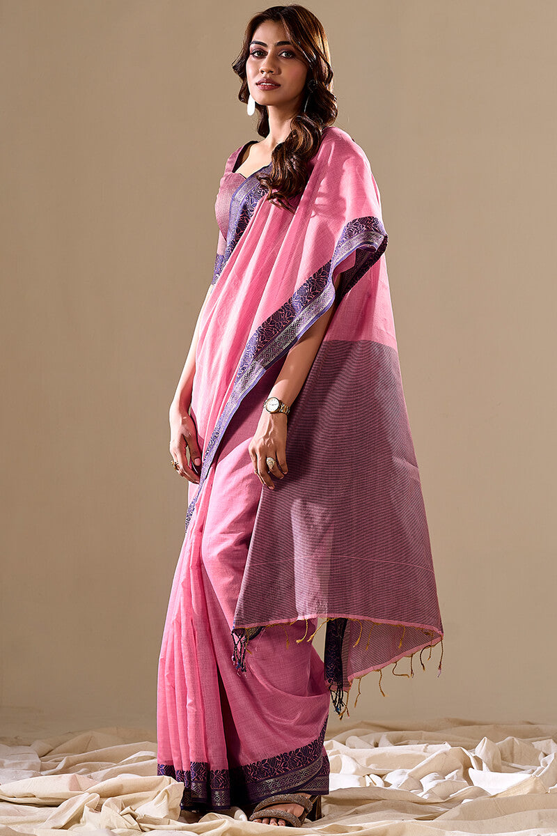 Rosy Pink Handloom Cotton Saree