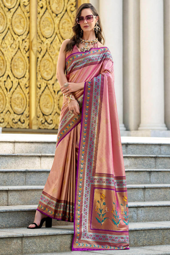 Rosy Pink Paithani Tissue Silk Saree