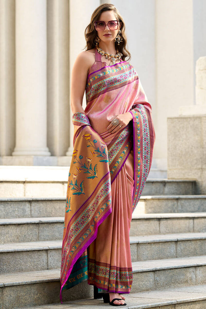 Rosy Pink Paithani Tissue Silk Saree