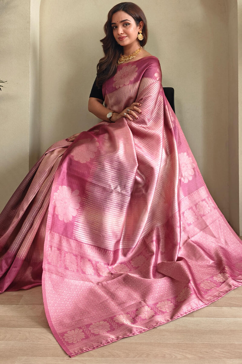 Rosy Pink Silver Zari Woven Printed Silk Saree