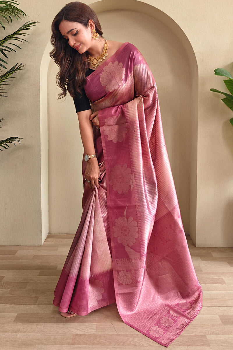 Rosy Pink Silver Zari Woven Printed Silk Saree