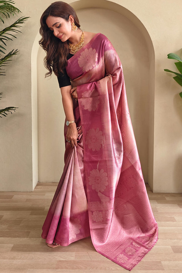 Rosy Pink Silver Zari Woven Printed Silk Saree