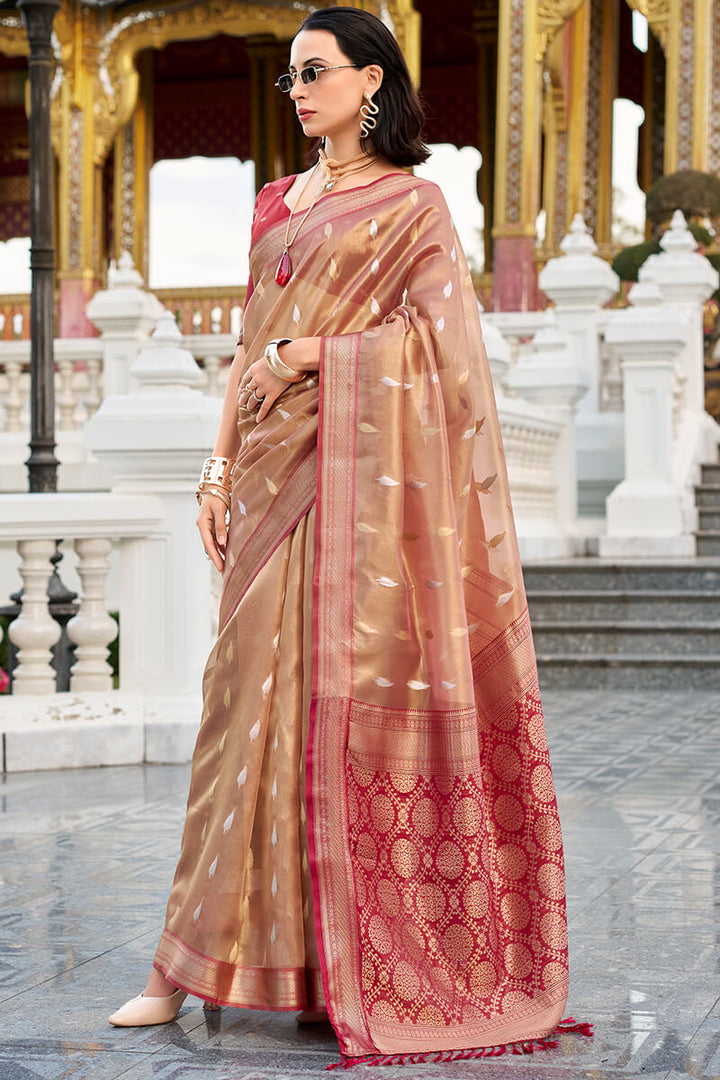 Ruddy Pink Tissue Silk Saree