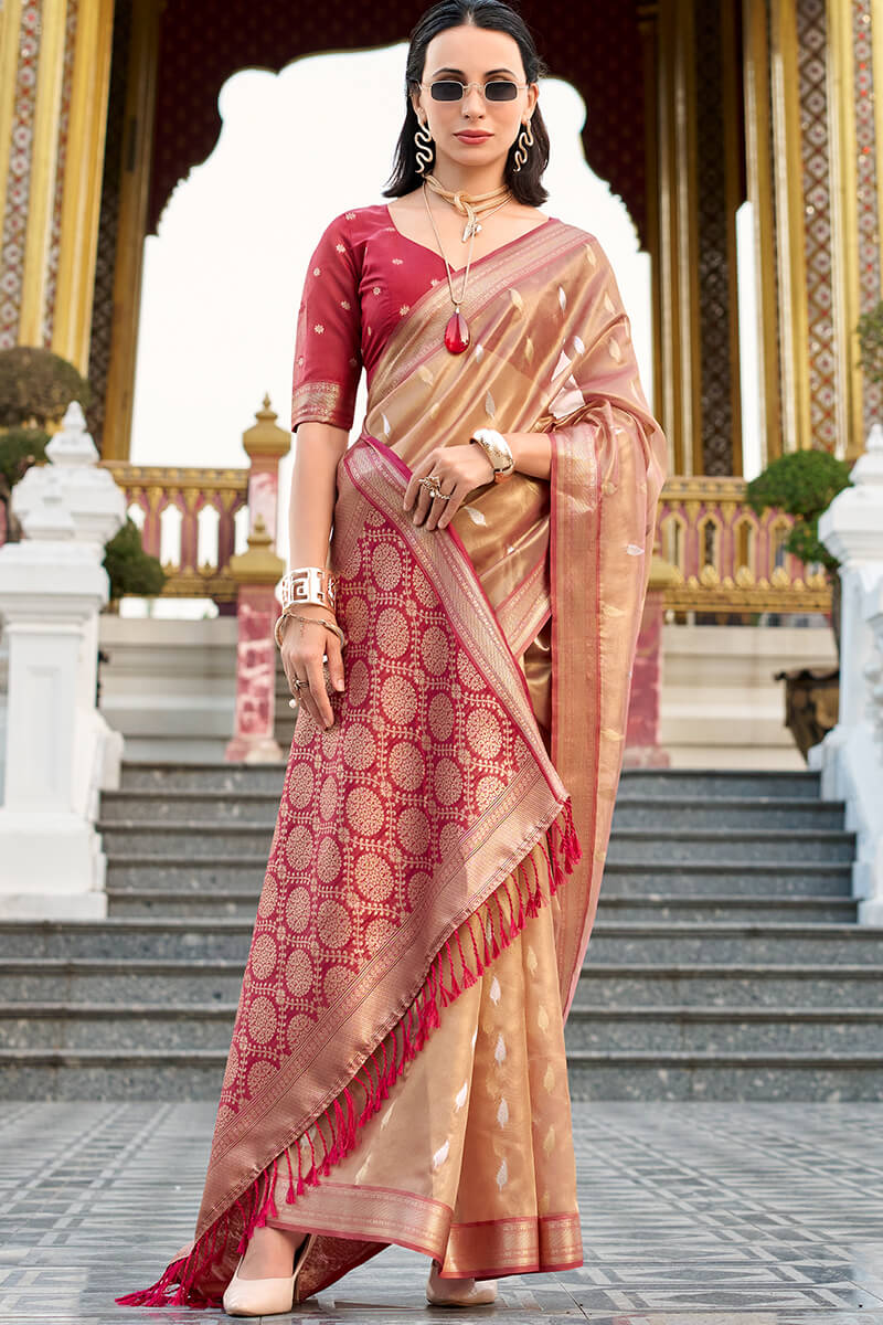 Ruddy Pink Tissue Silk Saree