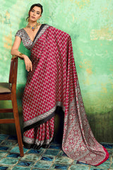 Rustic Maroon Ajrakh Printed Satin Silk Saree