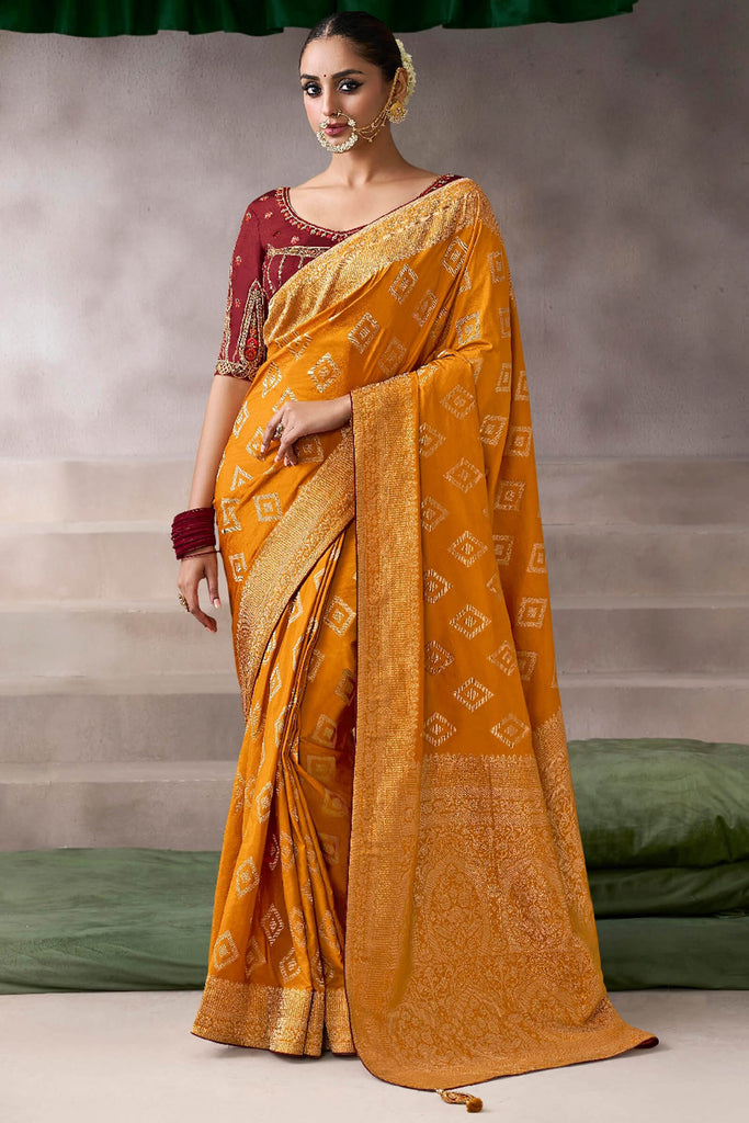 Rusty Orange Zari Woven Pure Crape Silk Saree with Designer Blouse Piece
