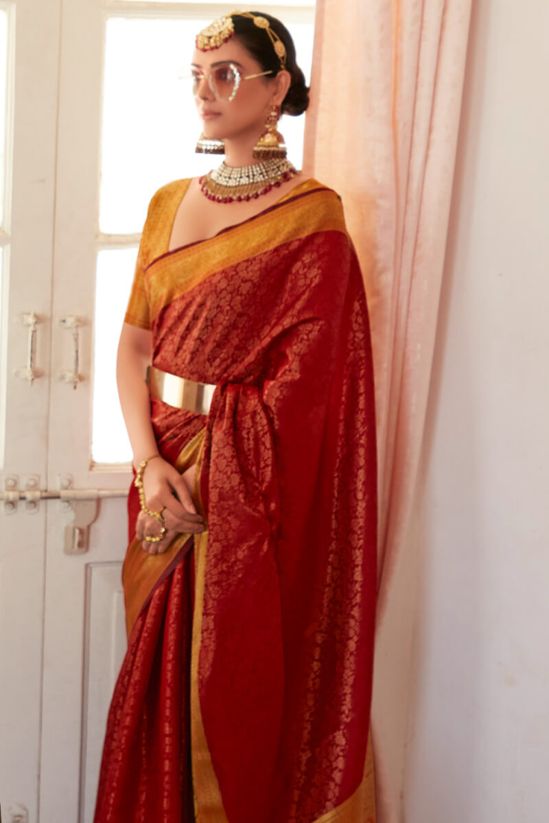Rusty Red Zari Woven Kanjivaram Silk Saree