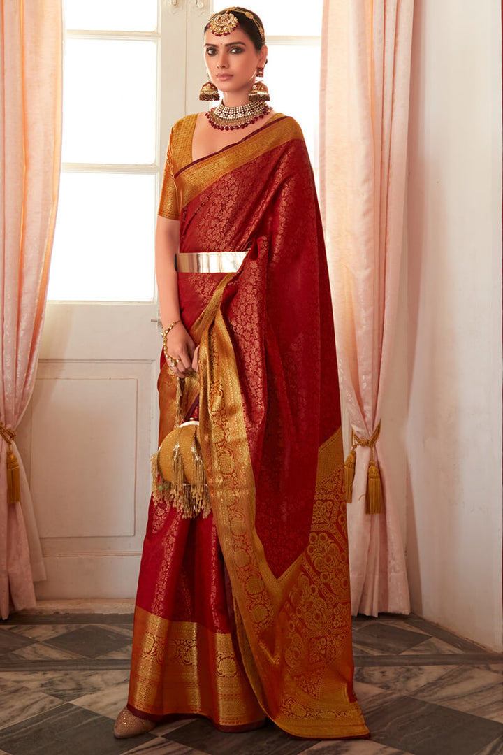 Rusty Red Zari Woven Kanjivaram Silk Saree
