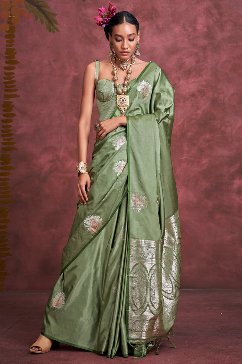 Sage Green Banarasi Satin Silk Saree