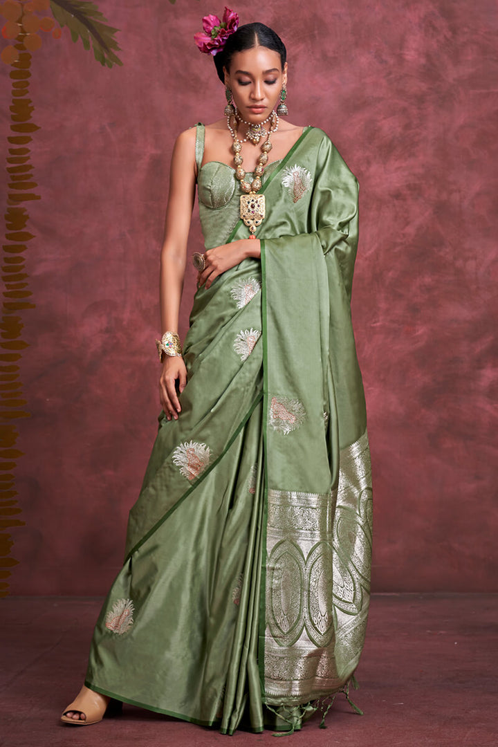 Sage Green Banarasi Satin Silk Saree