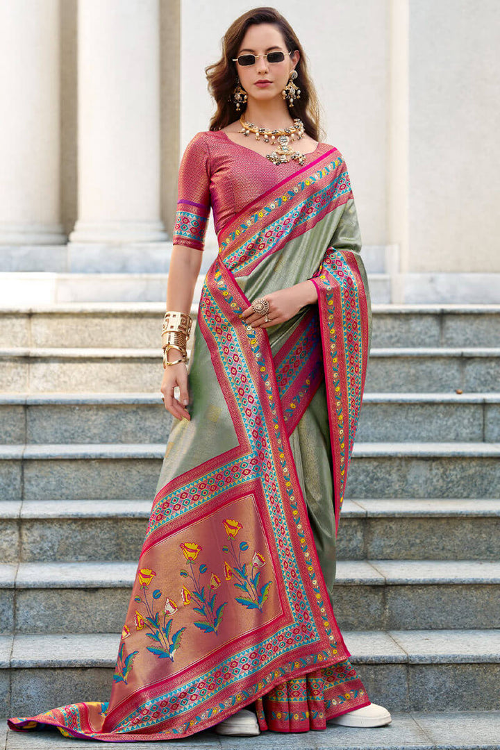 Sage Green Paithani Tissue Silk Saree