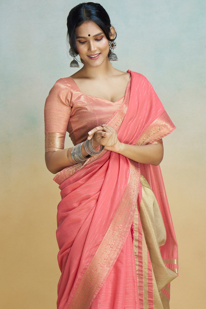 Salmon Pink Zari Woven Khadi Silk Saree