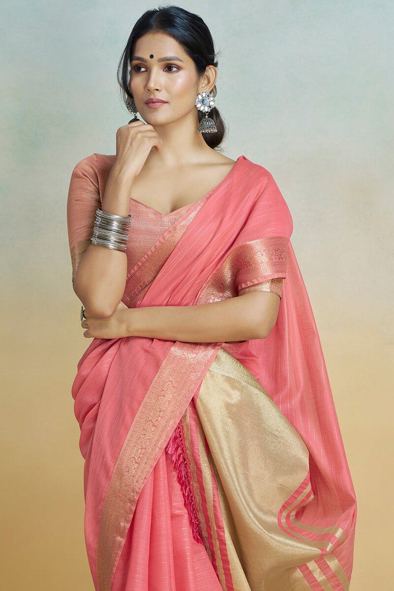 Salmon Pink Zari Woven Khadi Silk Saree