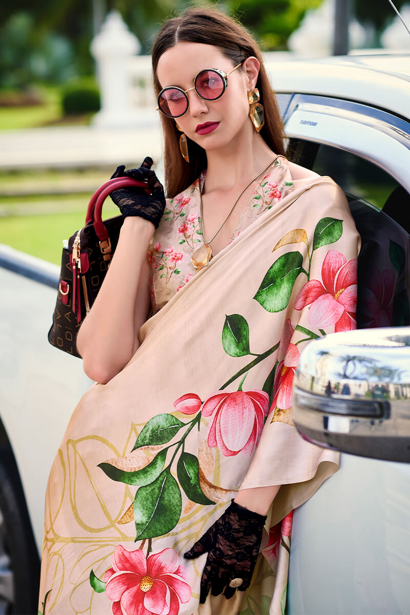 Sand Beige Printed Satin Crepe Silk Saree