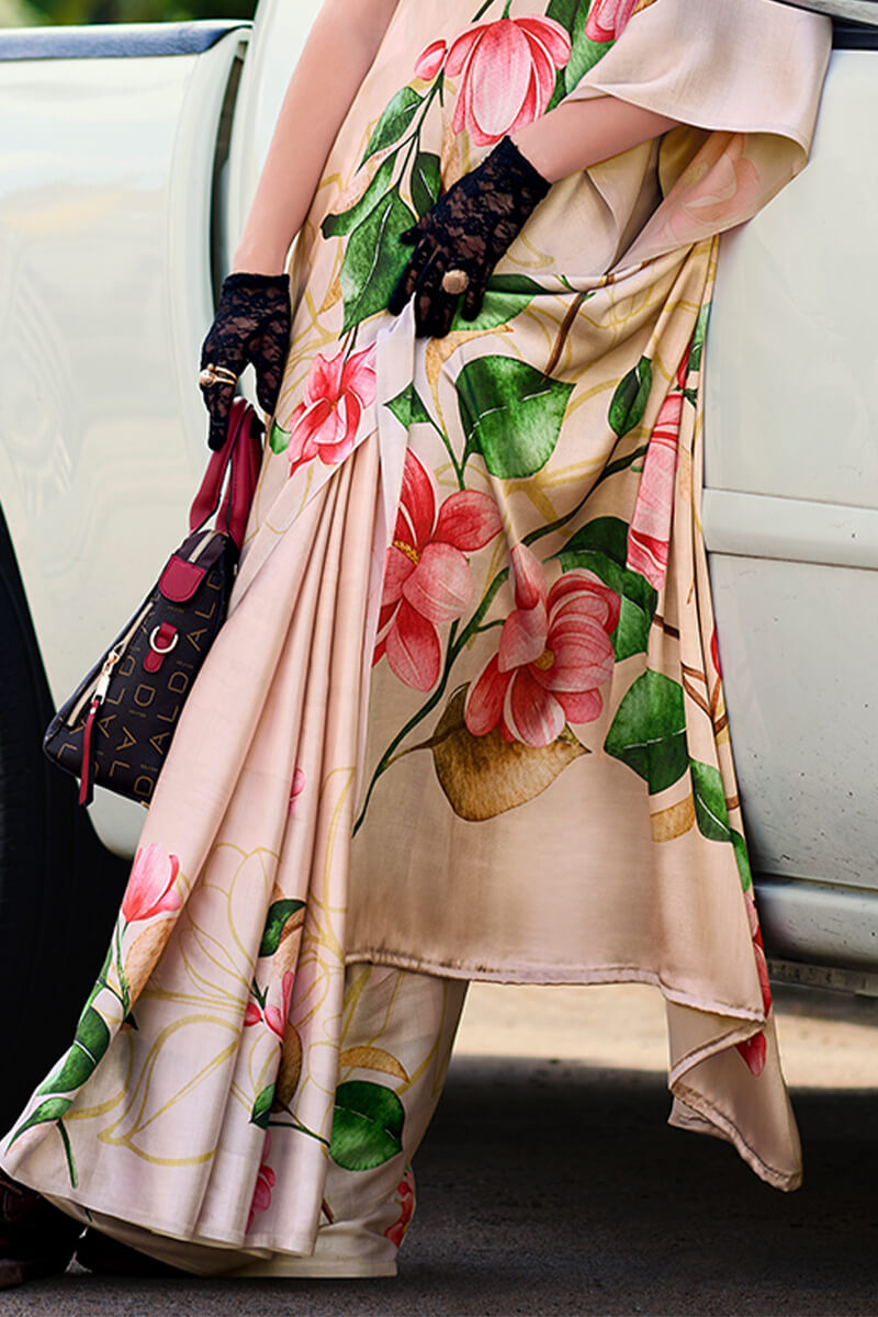 Sand Beige Printed Satin Crepe Silk Saree