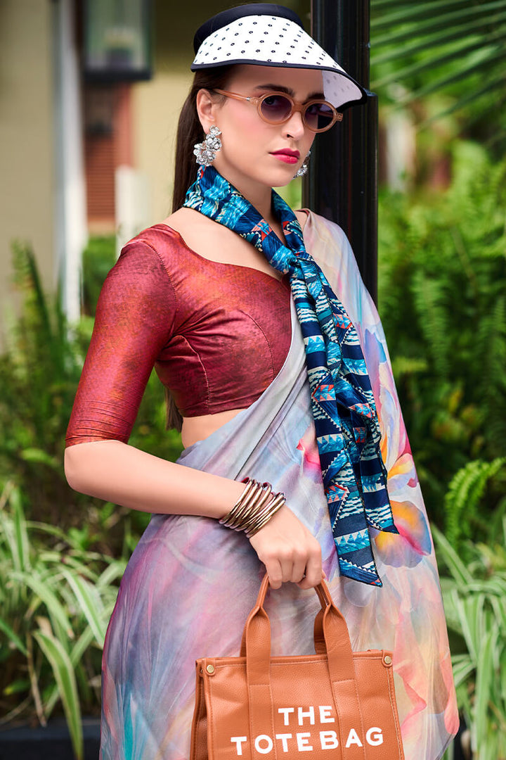 Santa Grey Printed Satin Crepe Silk Saree