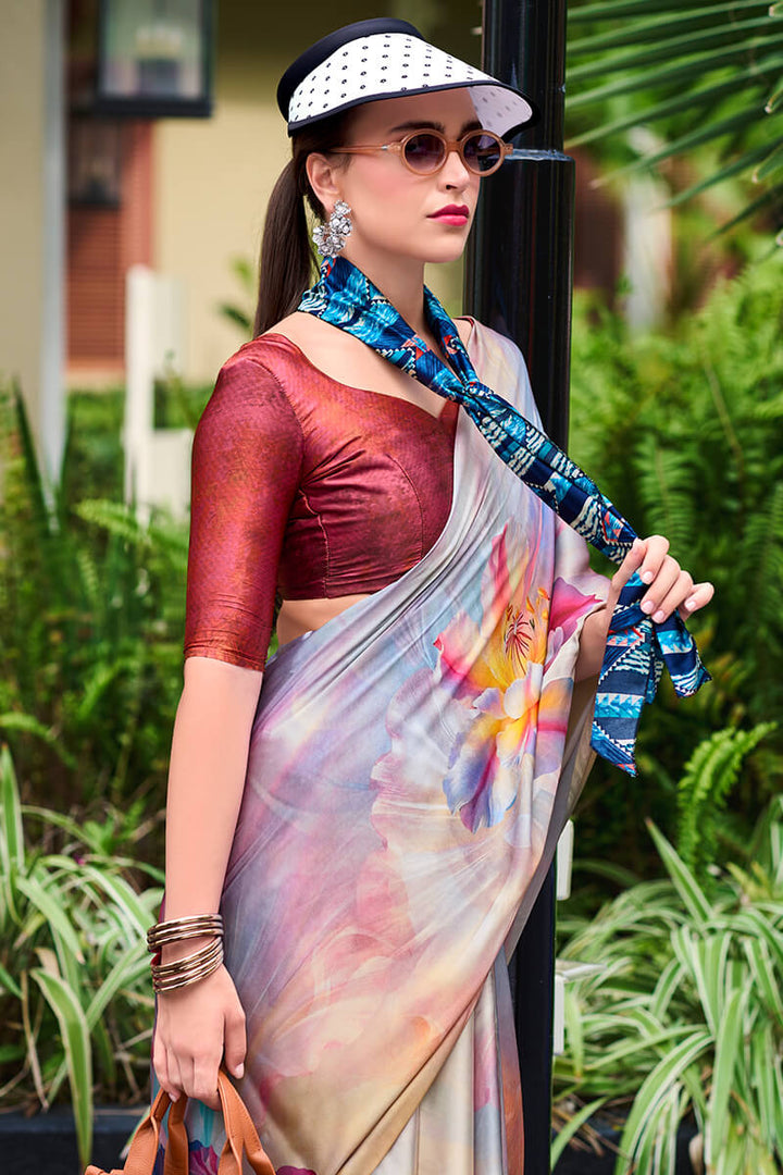 Santa Grey Printed Satin Crepe Silk Saree