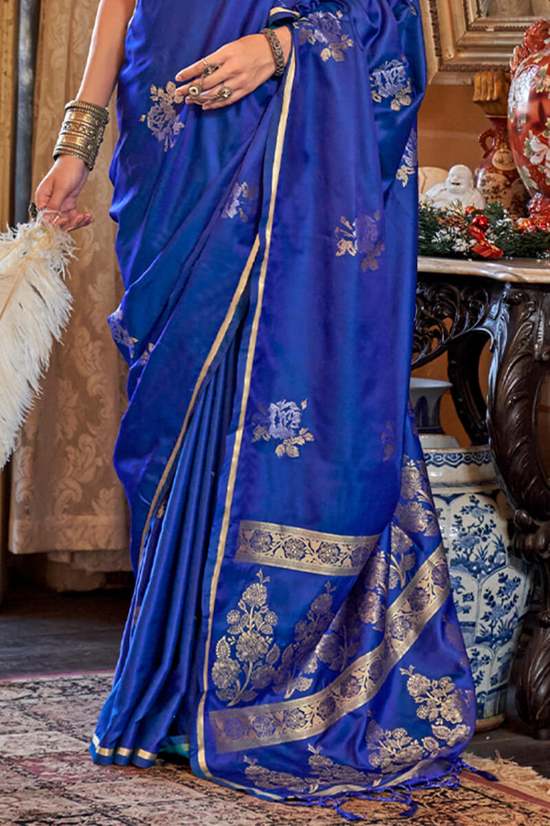 Sapphire Blue Zari Woven Banarasi Satin Silk Saree
