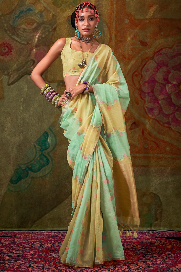 Sea Green and Yellow Pure Spun Cotton Rangkat Silk Saree