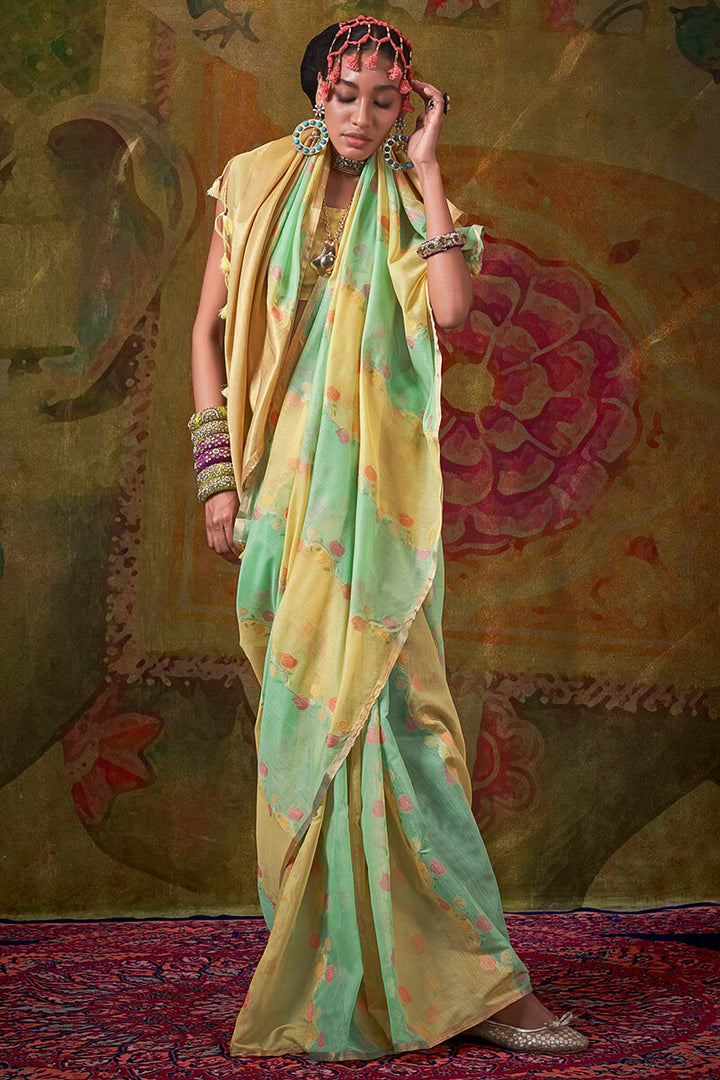 Sea Green and Yellow Pure Spun Cotton Rangkat Silk Saree