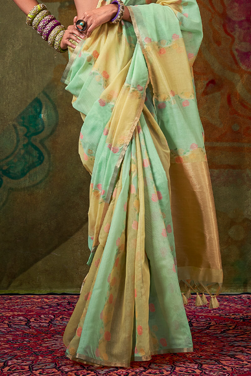 Sea Green and Yellow Pure Spun Cotton Rangkat Silk Saree