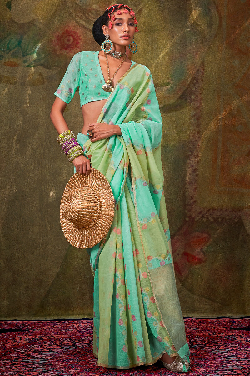 Sea Green Pure Spun Cotton Rangkat Silk Saree