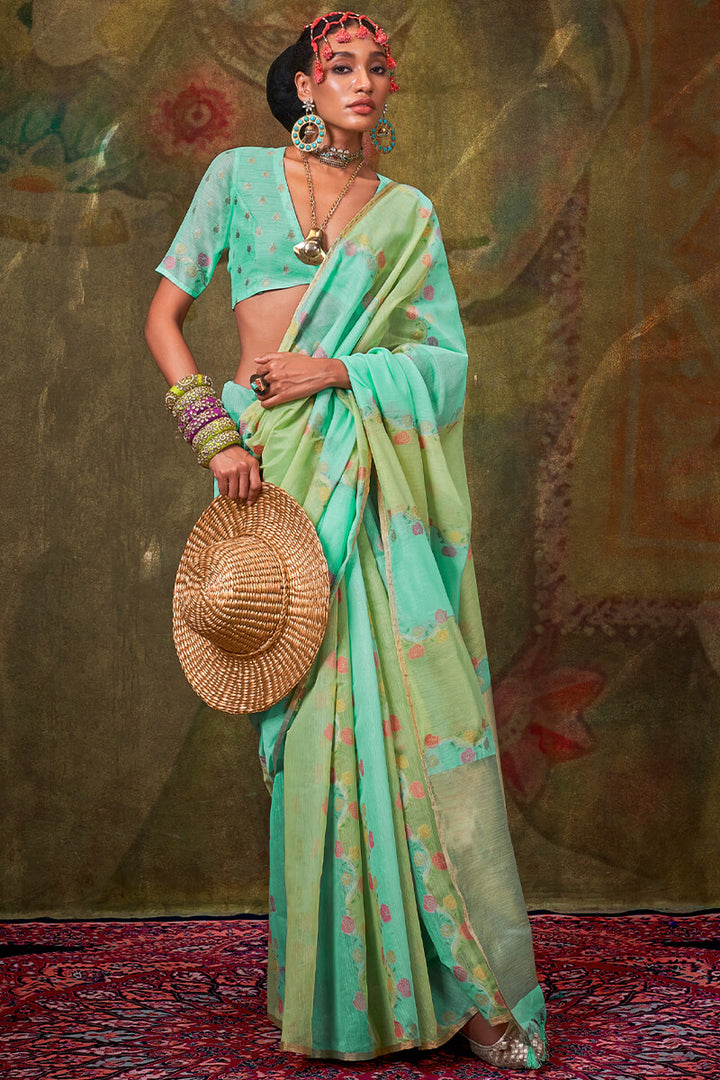 Sea Green Pure Spun Cotton Rangkat Silk Saree