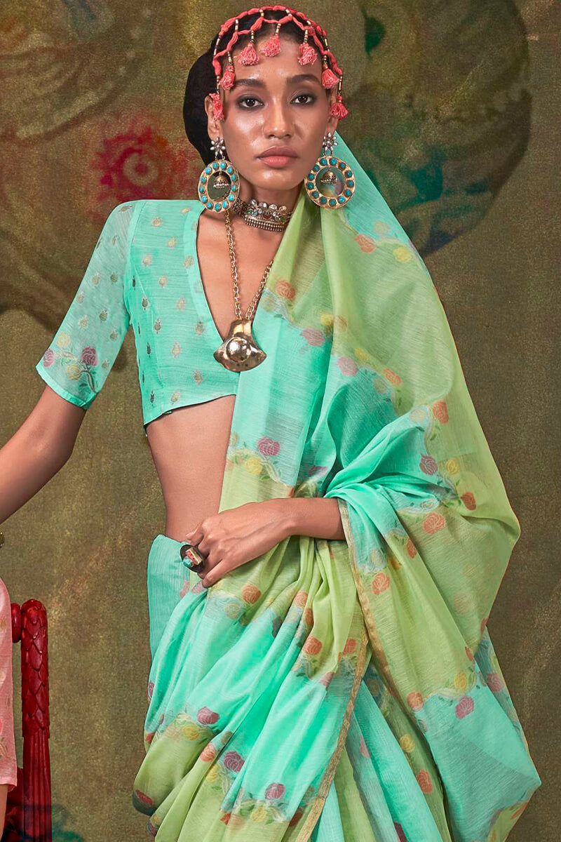 Sea Green Pure Spun Cotton Rangkat Silk Saree