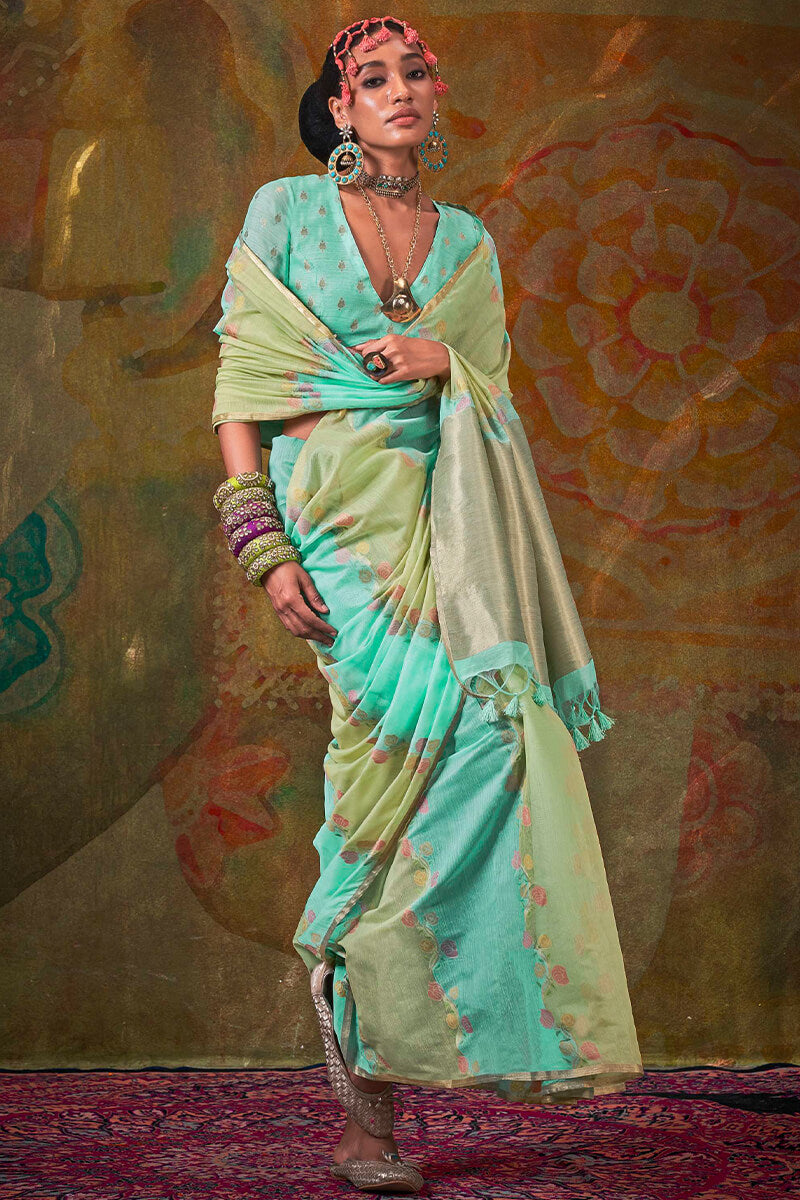 Sea Green Pure Spun Cotton Rangkat Silk Saree