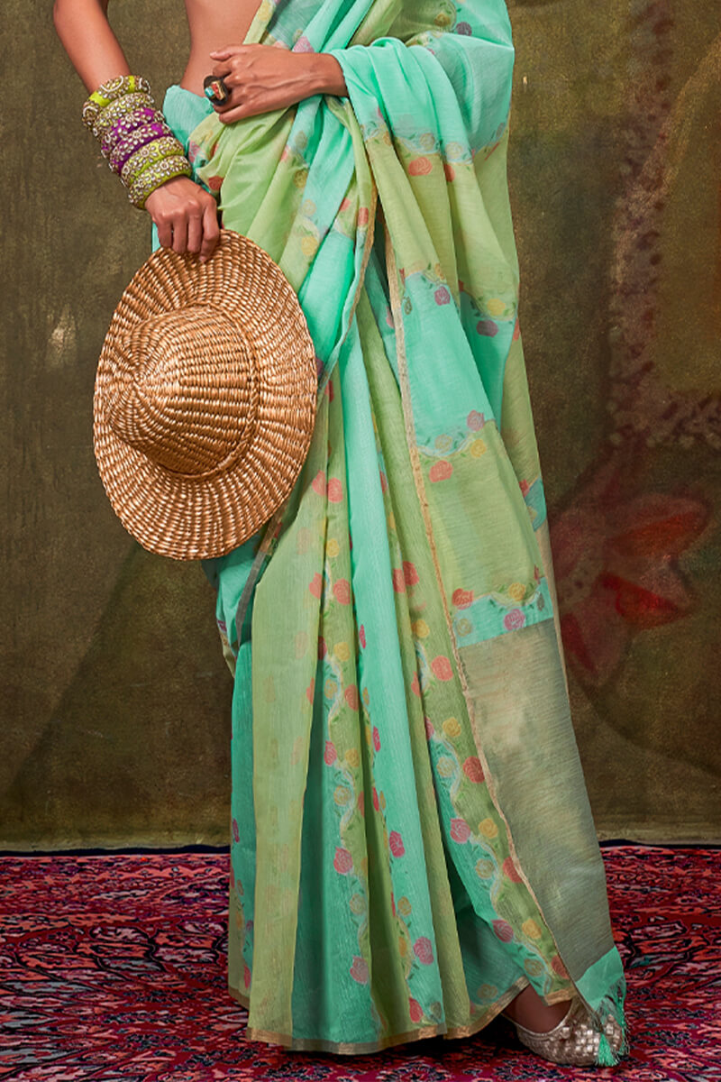 Sea Green Pure Spun Cotton Rangkat Silk Saree