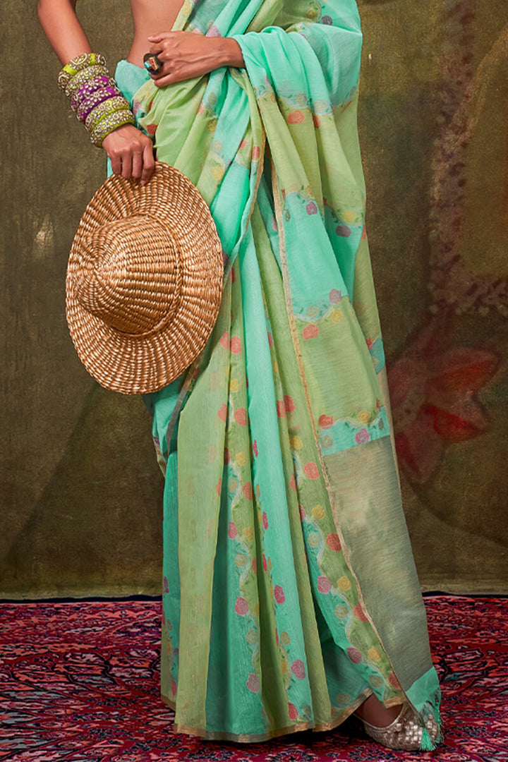 Sea Green Pure Spun Cotton Rangkat Silk Saree