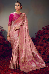 Sea Pink Banarasi Satin Silk Saree With Fancy Lace Border and Embroidery Blouse