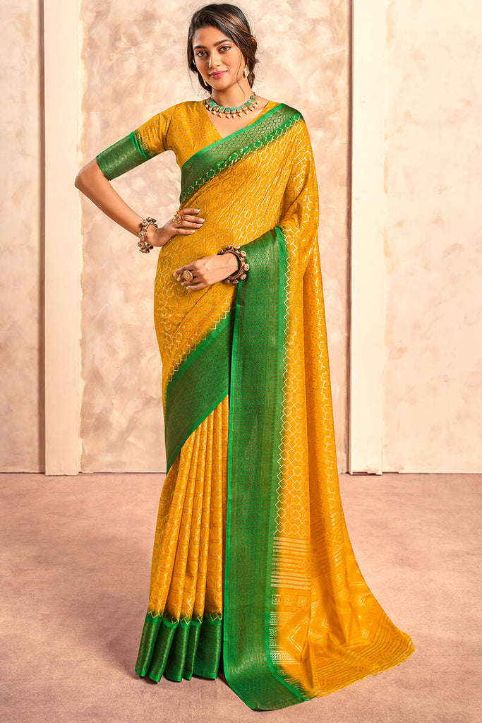 Selective Yellow Foil Printed Dola Silk Saree