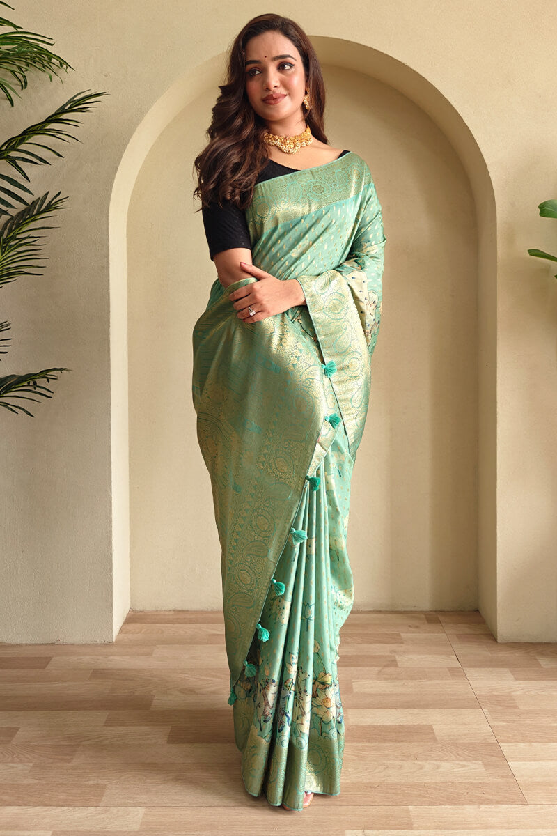 Shadow Green Viscose Georgette Printed Banarasi Silk saree