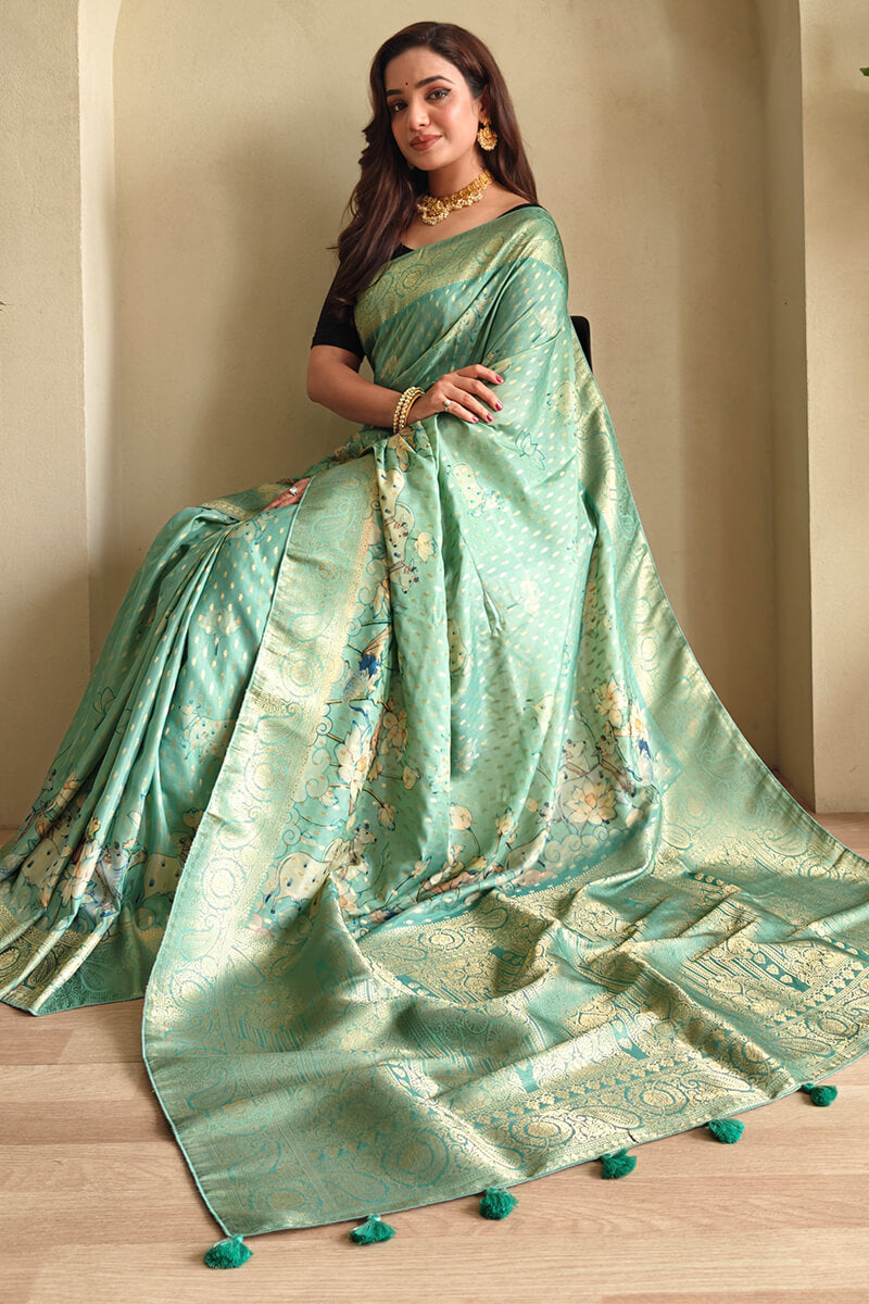 Shadow Green Viscose Georgette Printed Banarasi Silk saree