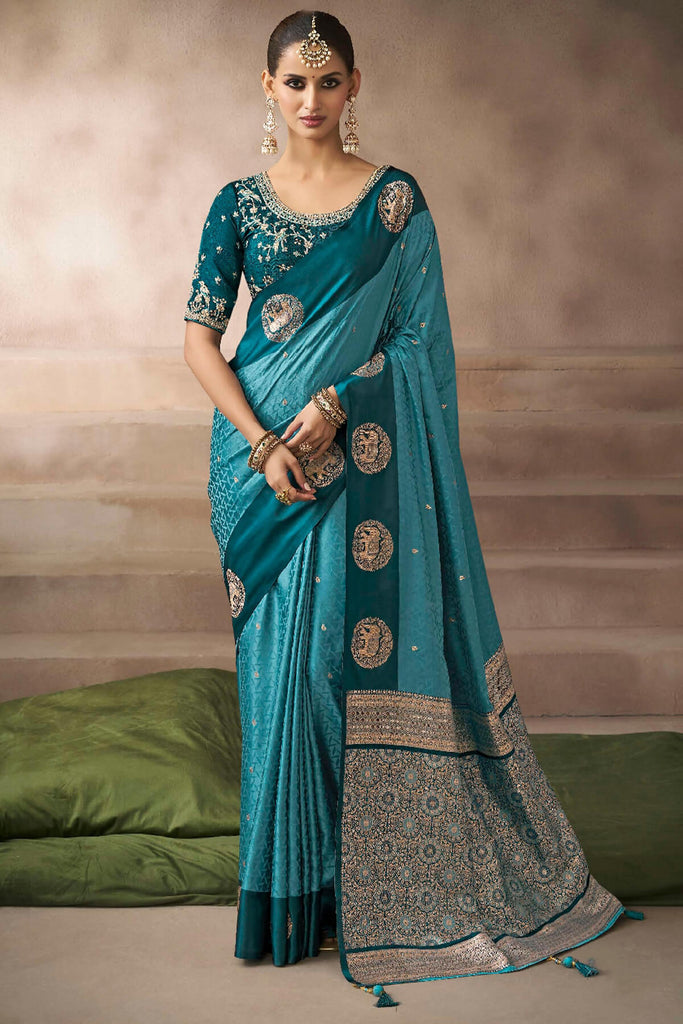 Sherpa Blue Zari Woven Satin Silk Saree With Heavy Embroidery Blouse Piece
