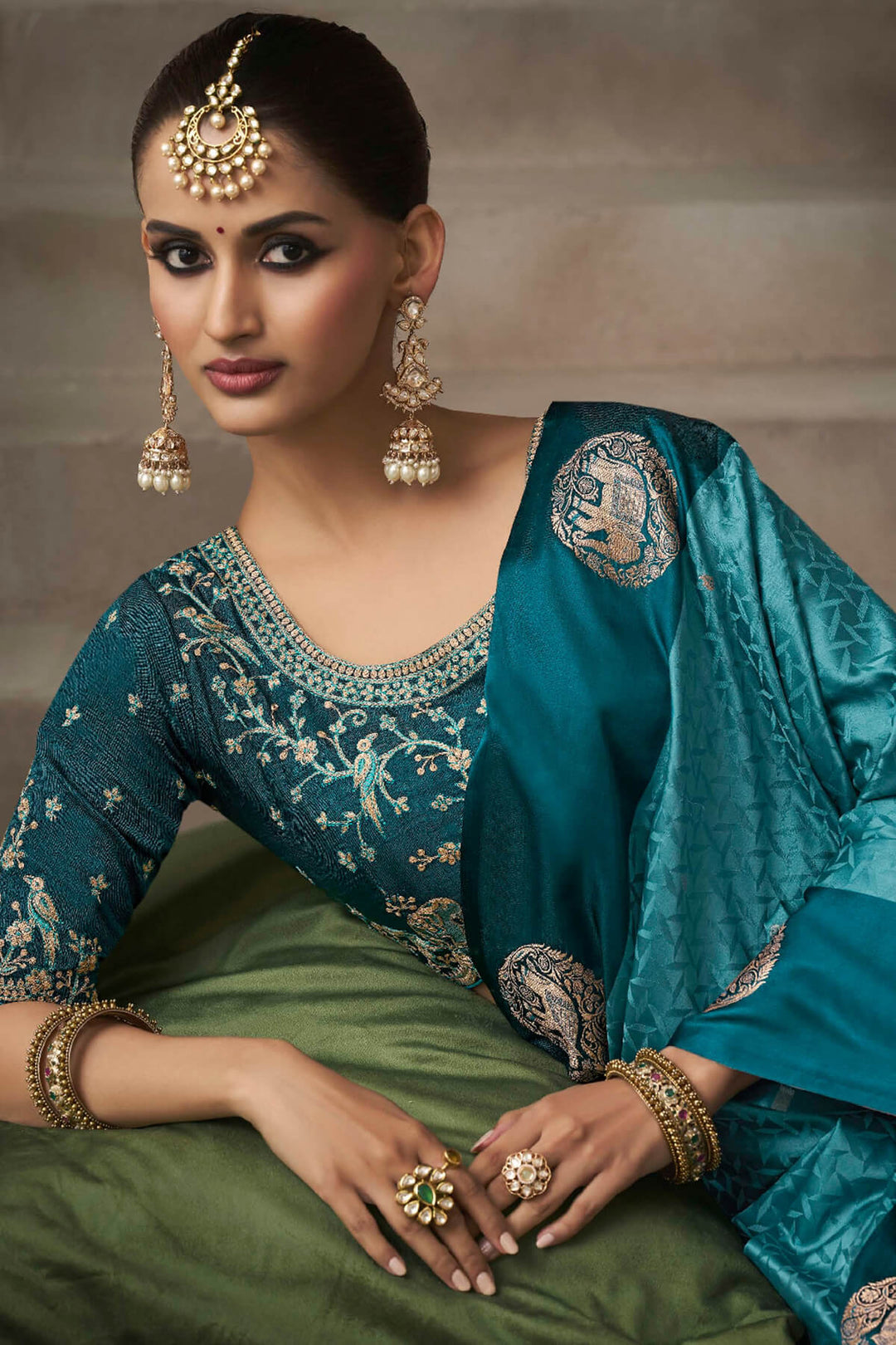 Sherpa Blue Zari Woven Satin Silk Saree With Heavy Embroidery Blouse Piece